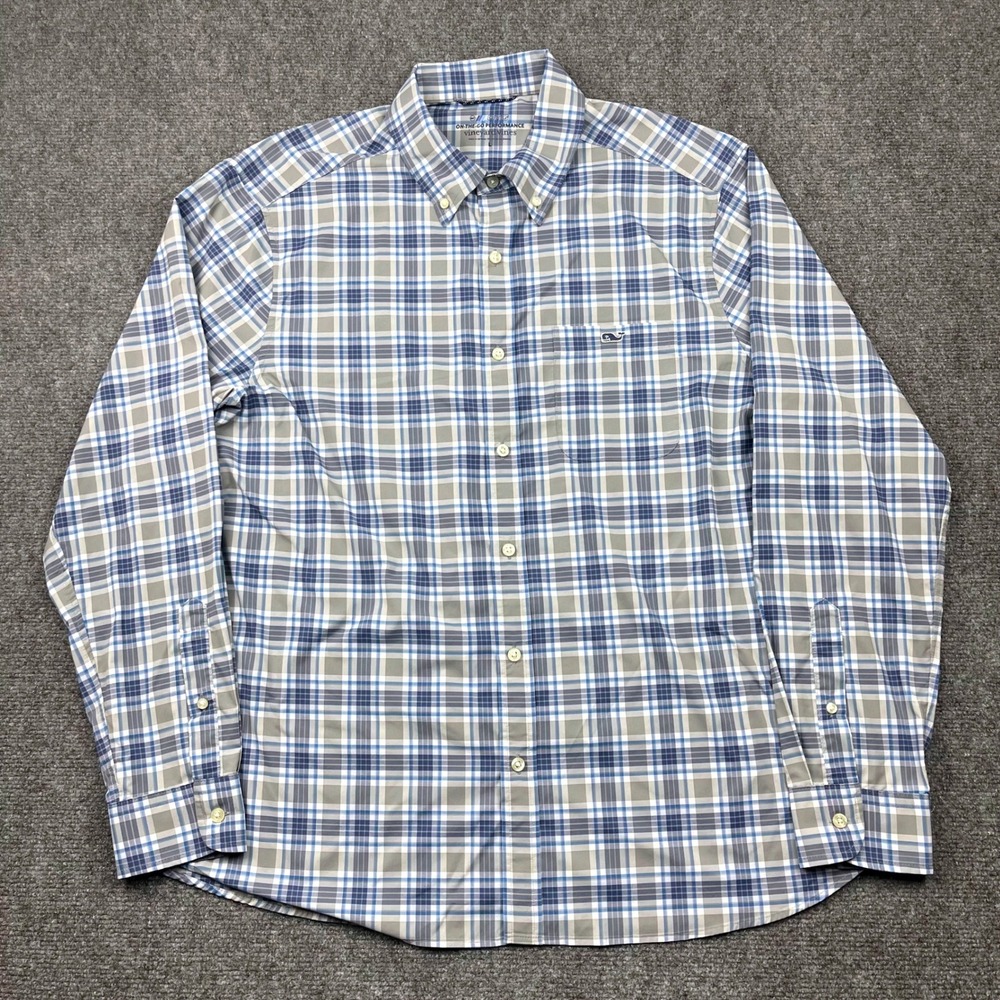 Vineyard Vines Mens On-The-Go Performance Plaid Button Down Shirt Blue Grey L - Picture 1 of 7